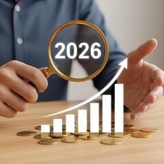 Business Person Analyzing Financial Growth for 2026 with Magnifying Glass, Rising Bar Chart, and Gold Coins, Future Planning, Investment Success