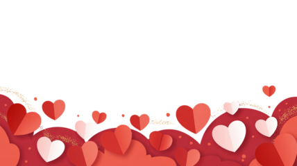 A romantic backdrop of layered paper hearts in shades of red and white against a transparent void. Valentine background with hearts and flowers