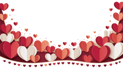 A romantic backdrop of layered paper hearts in shades of red and white against a transparent void. Valentine background with hearts and flowers