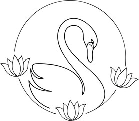 Continous line drawing line art swan lotus flowers in circular frame bird water