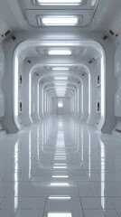 Obraz premium Futuristic corridor, glossy white, perspective shot, clean, bright, sci-fi interior