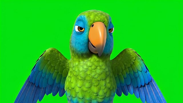 A close-up animated green parrot with blue wings and a blue head against a green screen background.