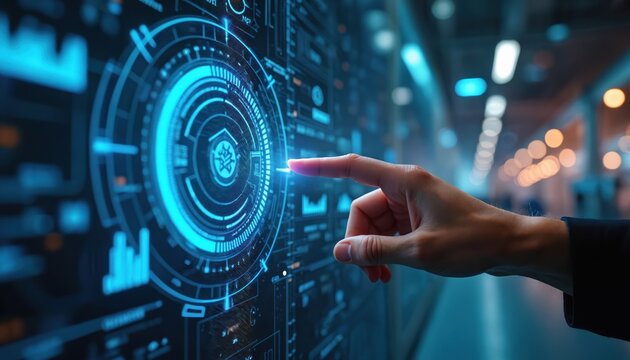 Human finger interacts with digital interface panel with interactive data. Person touches screen of holographic display. New tech solutions in data analytics, robotic arms production line automation.