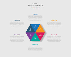 6 points template infographic with hexagon center with triangle composition structure with drop shadow style with four stage list information