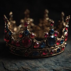 A majestic medieval crown adorned with vibrant rubies and sapphires rests against a dark backdrop, illuminated by dramatic lighting, evoking a sense of royal splendor and history.