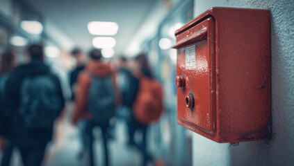 A vibrant red fire alarm box stands out on the wall of a school hallway, as a group of students strolls by, capturing the essence of school life and safety awareness.