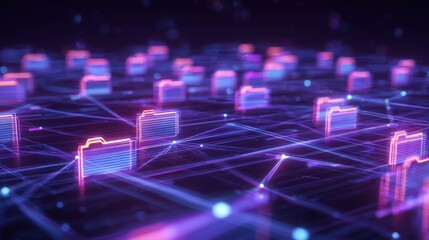 Obraz premium Abstract network grid with files and folders, futuristic software interface, digital document management system, store, search and organize documents, corporate business, paperless office 