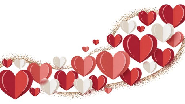 A romantic backdrop of layered paper hearts in shades of red and white against a transparent void. Valentine background with hearts and flowers