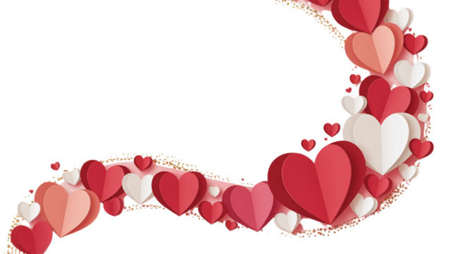 A romantic backdrop of layered paper hearts in shades of red and white against a transparent void. Valentine background with hearts and flowers - Powered by Adobe