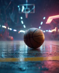 Solitude on the Court - A Basketball Bathed in Blue and Pink Neon Reflections.