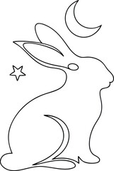 Continous line drawing Silhouette a Rabbit Under a Crescent Moon Star hare
