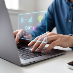Persons Hands Typing on a Laptop, Interacting with a Futuristic chat Ai Holographic Interface, Symbolizing Digital Innovation, Data Processing, and Advanced Technological Solutions