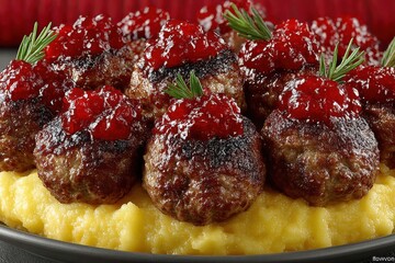 Obraz premium Delicious Meatballs: A close-up shot of a delectable culinary creation, featuring succulent meatballs generously topped with vibrant sauce. The arrangement is carefully presented.