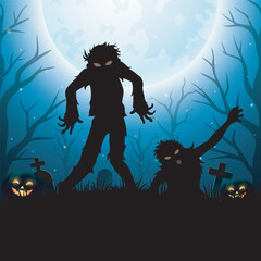 Halloween background with scary zombie and full moon