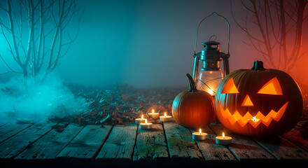 Spooky Halloween Scene with Jack-o- Lantern and Lantern