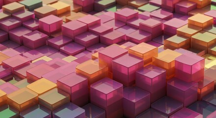 Obraz premium A colorful, abstract composition shows a multitude of translucent, cube-shaped forms arranged in a layered, uneven pattern.