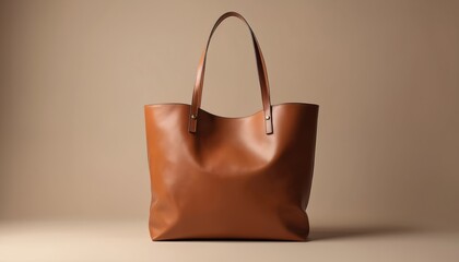 Brown leather tote bag on beige background. Luxury handbag with handles and rivets. Isolated tote for fashion and retail branding. High quality leather accessory for women.