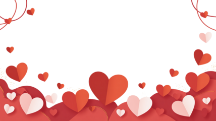 A romantic backdrop of layered paper hearts in shades of red and white against a transparent void. Valentine background with hearts and flowers