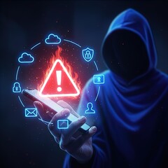 Hooded Figure Holds Smartphone, Displaying Fiery Warning and Glowing Digital Icons, Symbolizing a Critical Cybersecurity Threat, Online Security, Cybercrime