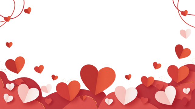 A romantic backdrop of layered paper hearts in shades of red and white against a transparent void. Valentine background with hearts and flowers