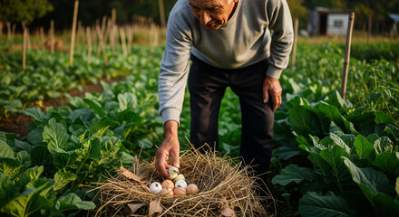 Senior Asian farmer collecting fresh organic eggs from a straw nest in a sustainable vegetable garden, showcasing a healthy rural lifestyle