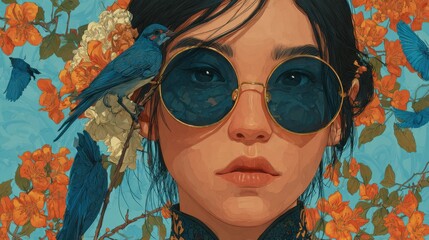 A vibrant portrait of an Asian woman with large sunglasses and flowers in her hair, capturing a dreamy blend of fantasy and realism, set against a backdrop of orange blossoms and blue birds.