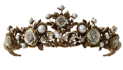 Elegant vintage tiara with pearls and roses isolated on transparent background