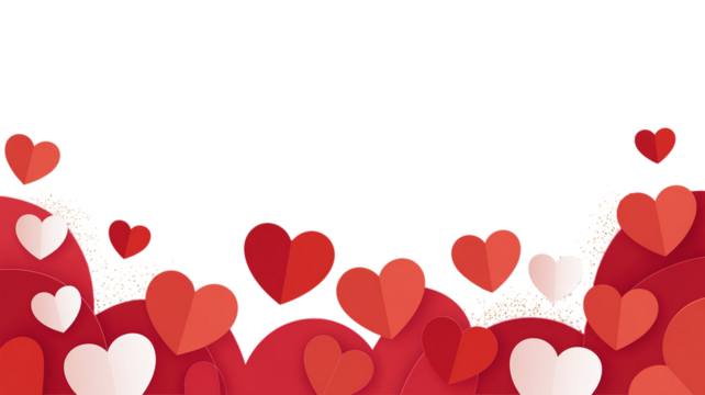 A romantic backdrop of layered paper hearts in shades of red and white against a transparent void. Valentine background with hearts and flowers