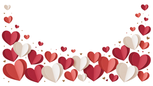 A romantic backdrop of layered paper hearts in shades of red and white against a transparent void. Valentine background with hearts and flowers