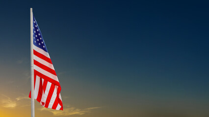 Close up photo of an American US flag on a pole at sunset with copy space background, presidential...