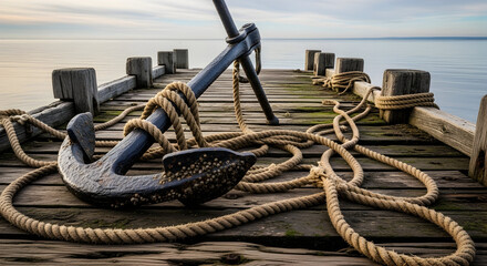 Anchor on wooden dock ocean horizon