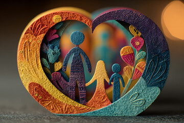 Diverse family structures representing love and unity with colorful paper cutouts arranged in a circle on a wooden background