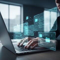 Hands Typing on a Laptop, Engaging with Multiple Glowing Holographic Digital Interfaces Displaying Data, Code, Analytics, Future Technology, Digital Transformation, Information