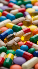 Assorted colorful capsules and pills background