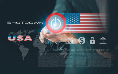 Government shutdown concept with American flag and dollar symbolizing USA budget crisis, federal funding freeze, economic uncertainty, political conflict, and financial impact on services.