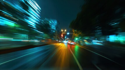 Dynamic abstract scene of a night city street, illuminated by vibrant green and blue lights. The motion blur conveys speed and energy, evoking the thrill of fast-moving cars in an urban setting.