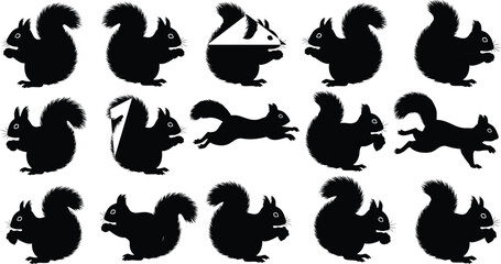 Squirrel silhouette collection, animal poses, jumping squirrel, wildlife vector, forest creature, black icon set, nature illustration, skunk variation, leaping motion