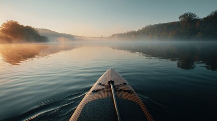 Paddleboard Adventure - Serene Lake at Dawn with Misty Reflections.