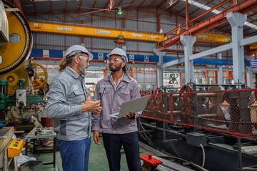 Industrial engineers wearing safety gear inspecting heavy machinery in a modern factory. Factory management, technical maintenance, and engineering teamwork in manufacturing industry.