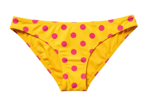 Vibrant yellow bikini bottom with playful pink polka dots, perfect for summer beach fun
