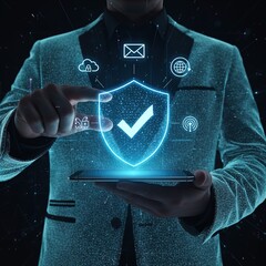 Cyber Security Concept, Secure Digital Data, Man Protecting Information, Glowing Shield Icon, Network Protection, Cloud Computing Safety, Email Security, Global Communication