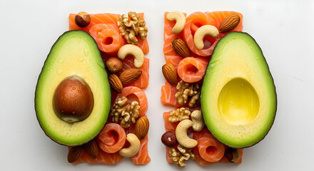 Avocado salmon nuts arrangement on white background