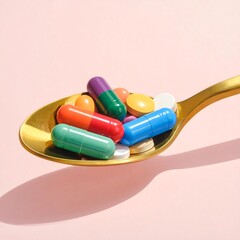 Colorful pills on a gold spoon against a pink background