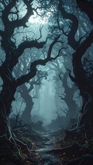 Dark, misty forest path