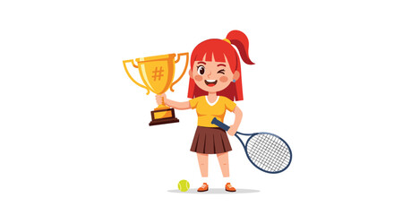 A happy young girl celebrates her tennis victory holding a golden trophy and racket.