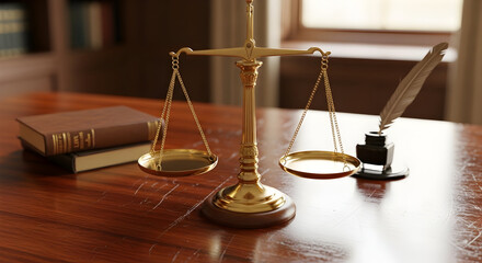 Balance scale on wooden table