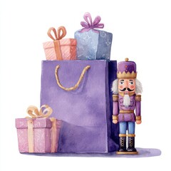 A whimsical watercolor illustration features a purple Christmas bag filled with colorful presents and a charming nutcracker, evoking festive cheer and a playful holiday spirit.