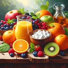 Colorful fruit and juice on a rustic wooden surface