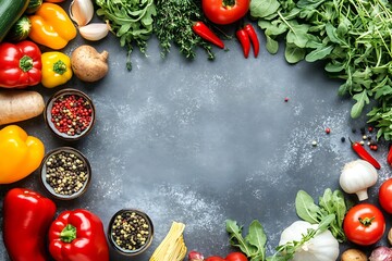 A vibrant harvest bounty of fresh vegetables and spices, ready for a delicious culinary adventure on a rustic grey background.