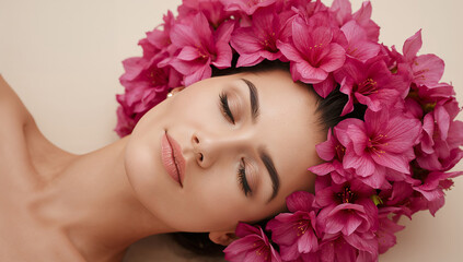 Young Woman with Flower Crown Lying Against Neutral Background